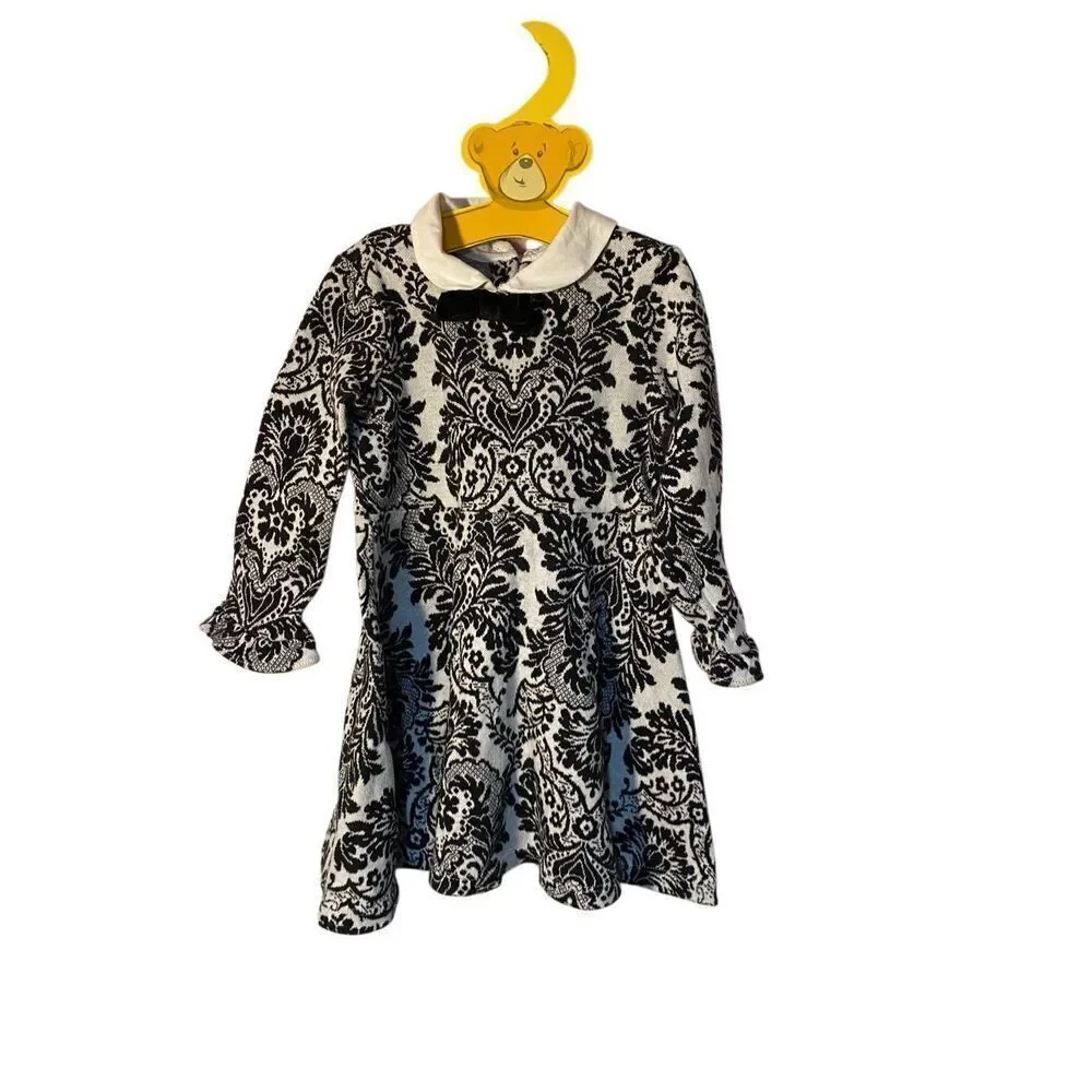 Janie and Jack baby girls, black and white damask print color dress, 18/24 mon